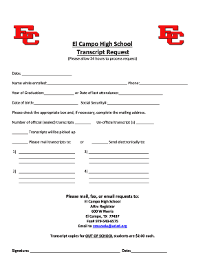 El Campo High School Transcript Request Echs Ecisd  Form