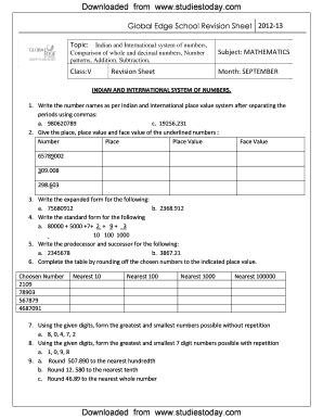 Indian and International Number System Worksheet PDF  Form