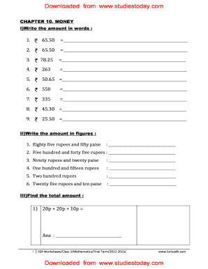 Money Worksheet for Class 2 PDF  Form