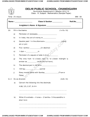 Maths Worksheet for Class 4 Cbse  Form