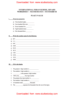 Number System Worksheet for Class 3 PDF  Form