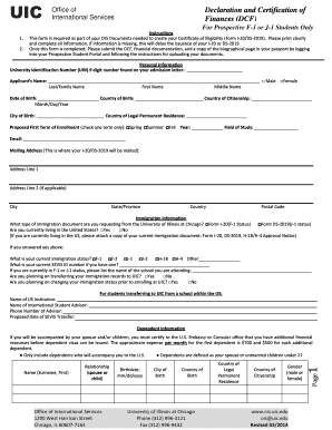 Declaration and Certification of Finances DCF UIC Office of Uic Imba  Form