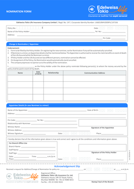 Nomination Form Edelweiss Tokio Life Insurance