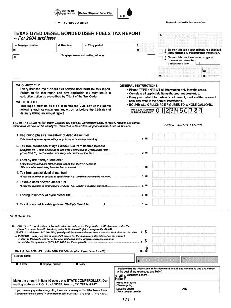 Texas Dyed Diesel Bonded User Fuels Tax Report  Form