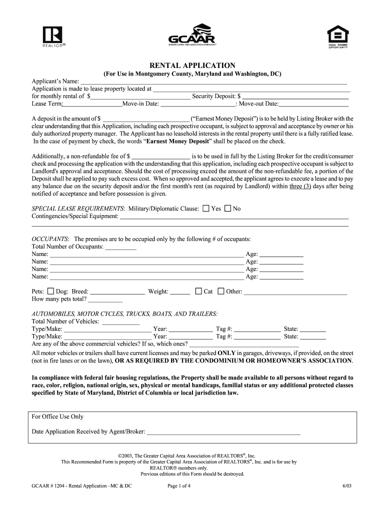  Gcaar Rental Application Fillable Form 2003
